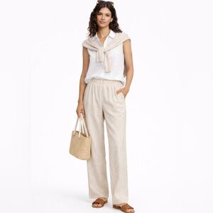 NEW Tall Length Striped Linen Straight Leg Pants Coastal Preppy White & Tan XLT